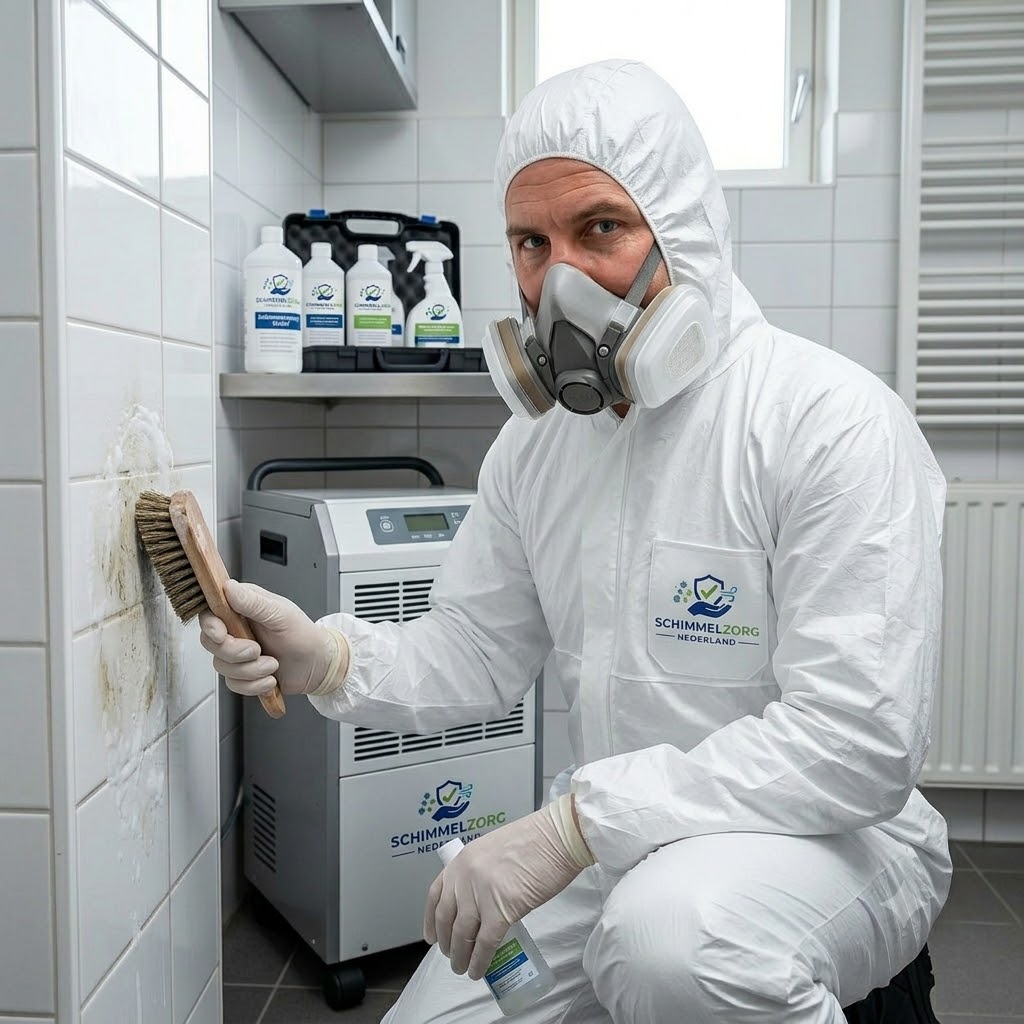 Specialist van Schimmelzorg Nederland verwijdert schimmel van de tegels in een badkamer